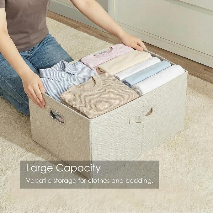 PRANDOM Storage Bins with Lids [3-Pack] Linen Fabric Foldable Storage Boxes Organizer Containers Baskets Cube with Cover for Bedroom Closet Office Beige (23.4X15.9X11.4)