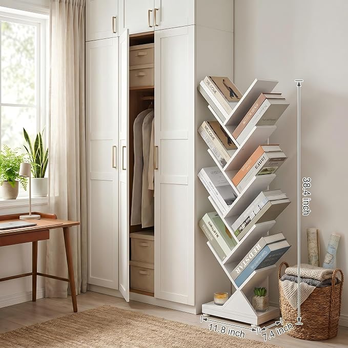 ruboka 9-Tier Tree Bookshelf Storage Organizer Display Rack (White) | Floor standing Bookcase, sturdy wood, space-saving. Ideal Book Shelf for living room, bedroom, office. Holds magazines, CDs.