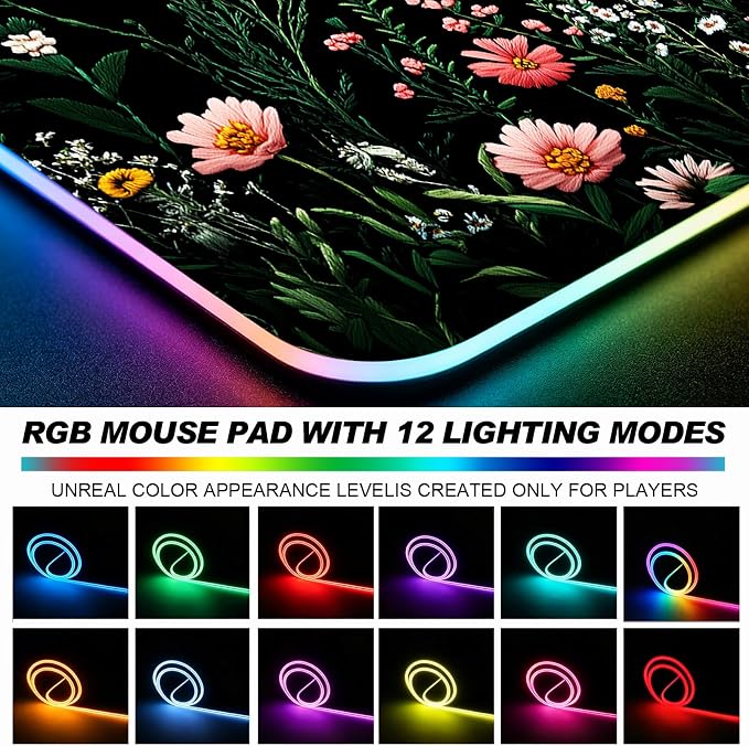 RGB Pretty Wildflower Gaming Desk Mat, Computer Keyboard Large Extended Flowers LED Mouse Pad for Office and Home, 31.5×11.8 Inches, XL