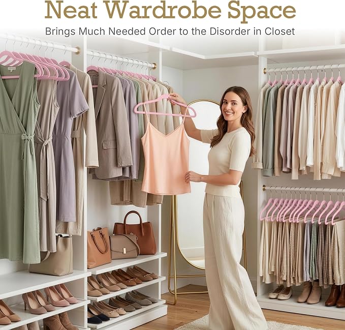 HOUSE DAY Lt Pink Velvet Hangers 60 Pack, Non Slip Clothes Felt Hanger Heavy Duty for Coat, Premium Slim Space Saving Suit Hangers for Closet Organizer, 360° Rotating Silver Hook