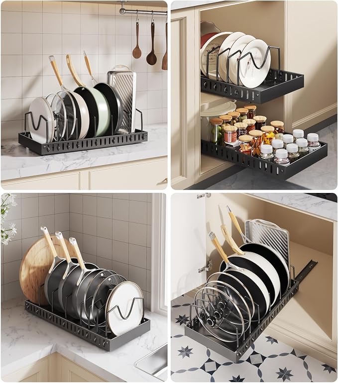 Lozovin Pull Out Pots and Pans Organizer Under Cabinet, Sliding Lid Holder and Pan Rack in Kitchen, Slide Out inside Cabinet Storage for Pot Lid, Bakeware, Dishes, 8 Adjustable Dividers, 1 Pack Black