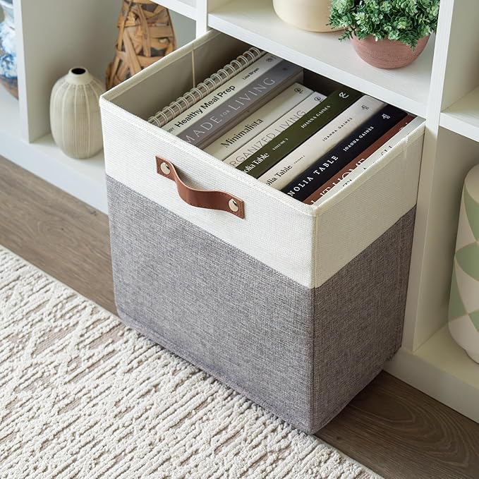 OrganiHaus 13x13 Cube Storage Bins, Set of 4 - Fabric Storage Cubes | Sturdy, holds its shape; odor-free; fits IKEA Kallax and Expedit; vegan leather handles