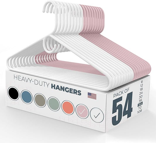 Heavy Duty Clothes Hangers 50 Pack (54 Count) – Made in the USA – 8lb Capacity Plastic Hangers for Adult Clothing – Durable for Pants, Coats, Jackets, or Jeans – White & Pink