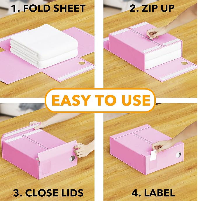 SpaceAid 8 Pack Bed Sheet Organizers and Storage, Foldable Organizer for Linen Closet, Set Folder Keeper with Window XL (Queen & King Size) Bedding Container (Pink, 8 Pack)