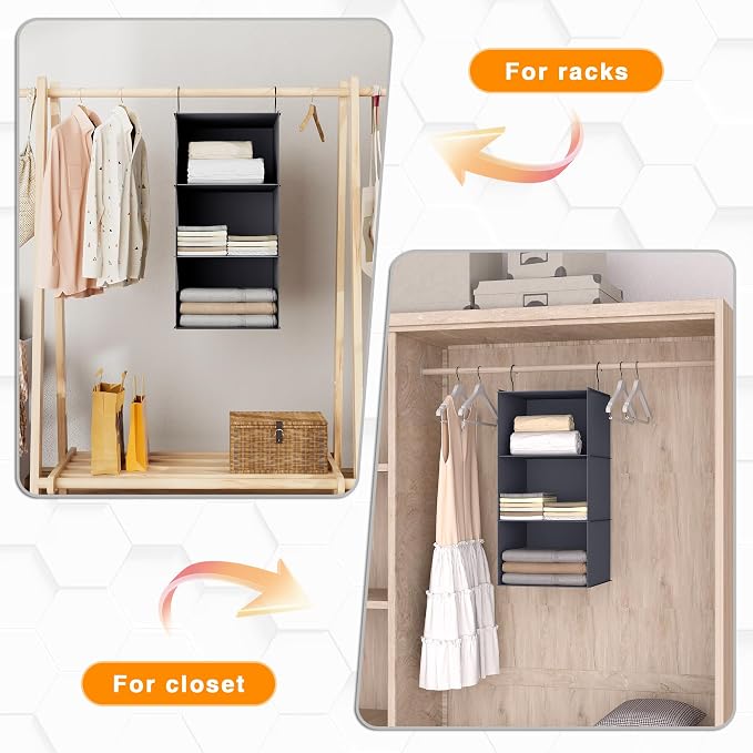 Hanging Closet Organizer 3-Shelf, Oxford Fabric Wardrobe Storage, Dark Gray | Easy-mount foldable design holds clothes, handbags, shoes & accessories; washable Oxford fabric, sturdy and space-saving.