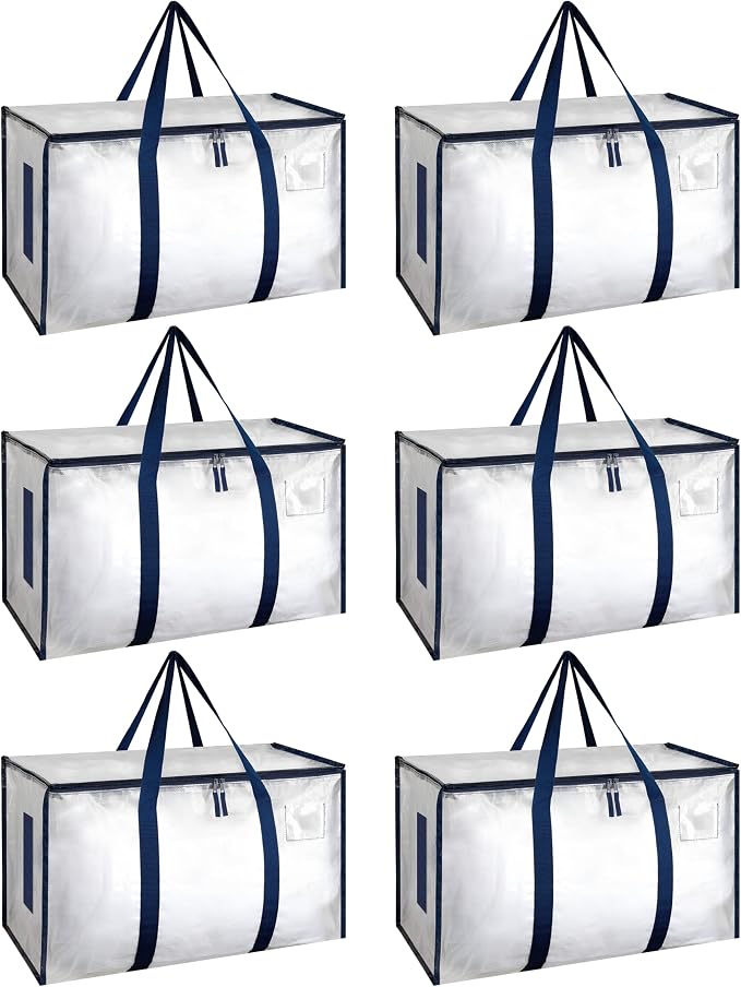 HealSmart 6 Pack Large Moving Bags with Zippers & Handles, Moving Supplies with lids, Heavy Duty Totes for Space Saving, Fold Flat, Moving and Storing, Clear