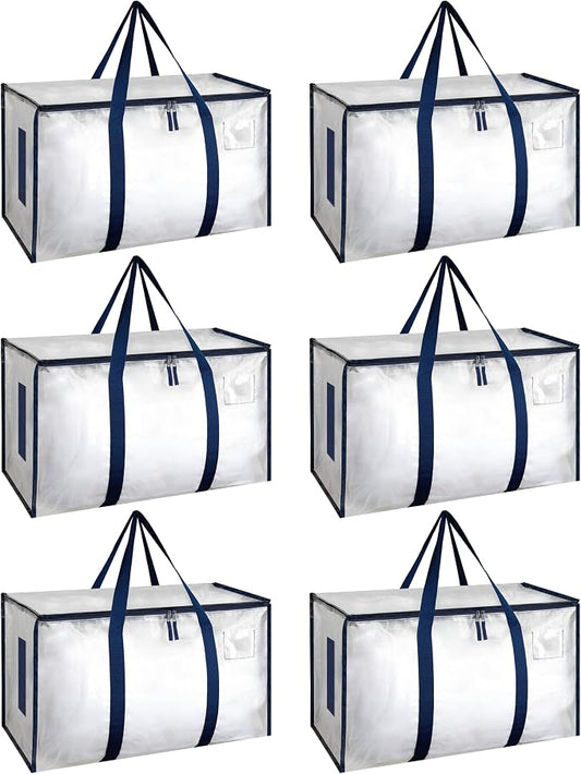 HealSmart 6 Pack Large Moving Bags with Zippers & Handles, Moving Supplies with lids, Heavy Duty Totes for Space Saving, Fold Flat, Moving and Storing, Clear