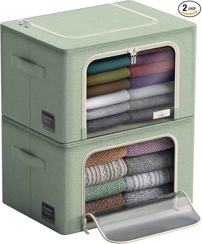 Sorbus Storage Bins with Metal Frame - Stackable & Foldable Clothes Organizer Bags - Oxford Fabric Storage Containers with Large Clear Window & Carry Handles Organization for Bedding Linen & Clothing