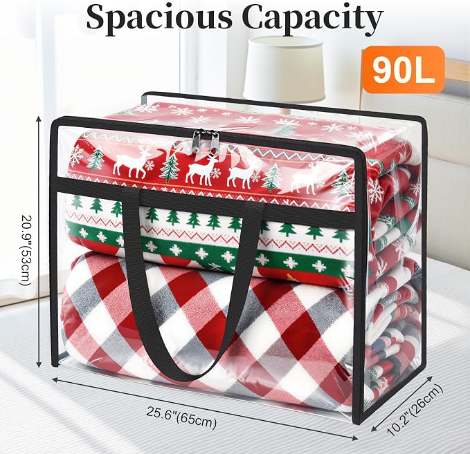 SpaceTrove Clear Clothes Storage Bags, 4 Pack Closet Organizers and Under Bed Storage Containers, Foldable Moving Bags with Zippers for Comforter, Blanket, Bedding, Duvet, PVC Packing Bags 90L