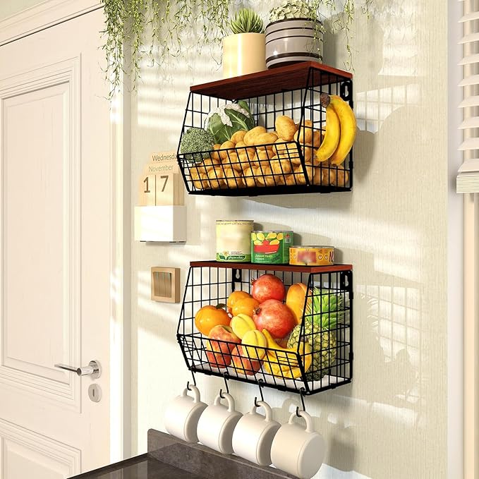 Mefirt 2pcs Fruit Basket Kitchen Storage Basket with Wood Lid, Stackable Wall Basket Fruit Basket for Kitchen, Countertop Organizer for Snack, Fruit and Veggie Storage, 11.8 x 7.9 x 8.5 Inch