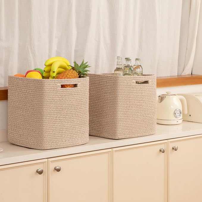 OIAHOMY Storage Cubes, 13 Inch Cube Storage Organizer, Collapsible Storage Bins, Baskets for Organizing, Storage Bins for Shelves-Brown, 3-PACK