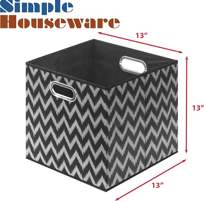 Simple Houseware 13-Inch Collapsible Fabric Cube Storage Bin with Handles, Printed Design, 3 Pack, Black