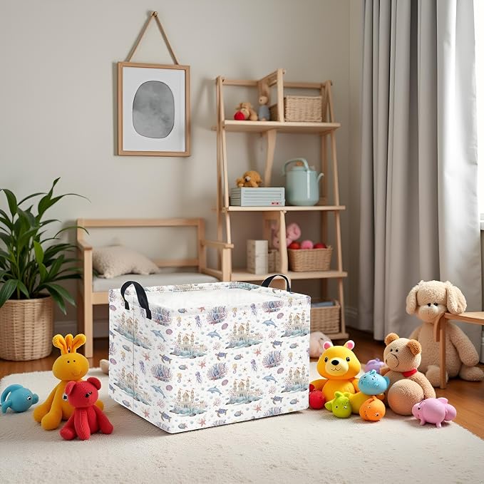 Rectangular Kids Storage Basket Boys for Home Kitchen Girls Cute Storage Bin Organizer Shelf Book Room Decor(Sea Castle)