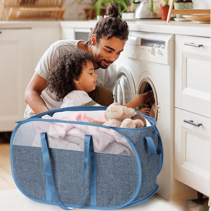 100L Collapsible Laundry Baskets, Tear Proof Pop Up Laundry Hamper with Dual Handles, Large Foldable Laundry Basket, Easy to Carry Laundry Hamper for Home, Laundry Room, Bedroom, Dorm, Travel Blue