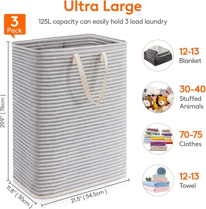 Lifewit 3 Pack Laundry Basket 125L Each, Collapsible Clothes Hamper with Reinforced Handles, Freestanding Waterproof Design for Bedroom and Laundry Room, Grey 375L Total