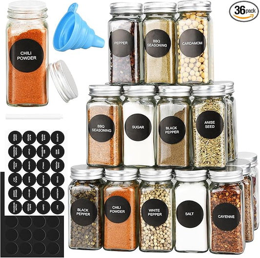 DkOvn 36pcs Glass Spice Jars, 4oz Empty Spice Jars with Metal Caps, Labels, Shaker Lids, Collapsible Funnel, Chalk Pen, Seasoning Organizer for Spice Rack
