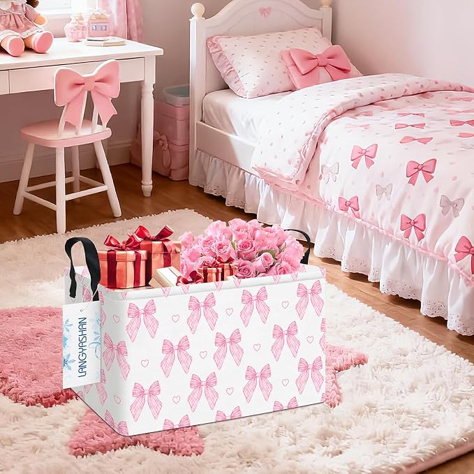 Rectangular Collapsible Pink Bowknot Storage Basket Organizer | Storage Bin Foldable Canvas with Handles for Organizing Home Kitchen Children Toys Office Closet Shelf Baskets