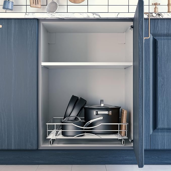 Home Zone Living Pull Out Kitchen Cabinet Organizer with Slide Out Drawer for Space Saving Storage, 20” W x 21” L