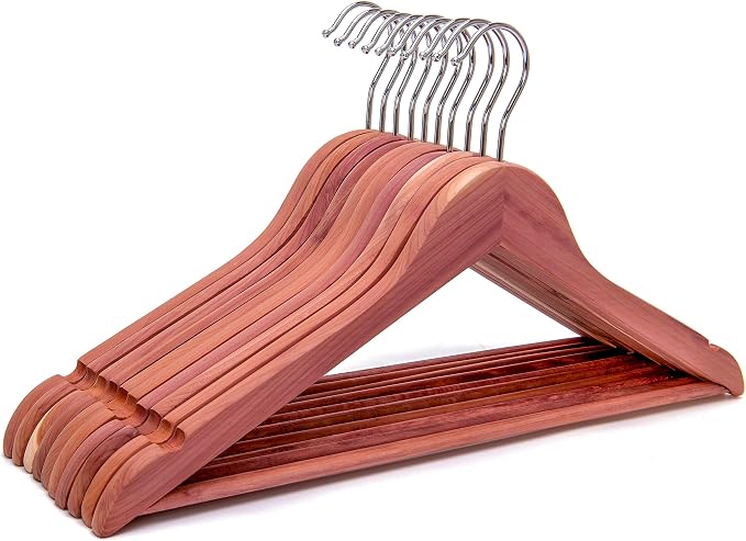 American Red Cedar Wooden Coat Suit Hangers, Wood Skirt Dress Hangers, Smooth Cut Notches- 360°Flexible Hook- Solid Non-Slip Bar 10 Pack-Natural - HL03N