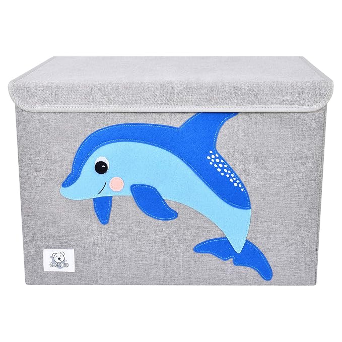 Foldable Large Kids Toy Chest with Flip-Top Lid, Collapsible Fabric Animal Toy Storage Organizer/Bin/Box/Basket/Trunk for Toddler, Children and Baby Nursery (Dolphine)