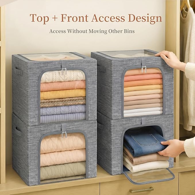 GoMaihe Clothes Storage Bin with Metal Frame: 6-Pack Stackable Closet Storage Bin with Lid & Clear Window, Sweater Boxes Storage for Closet Bedding Clothing Storage Organizer 40L