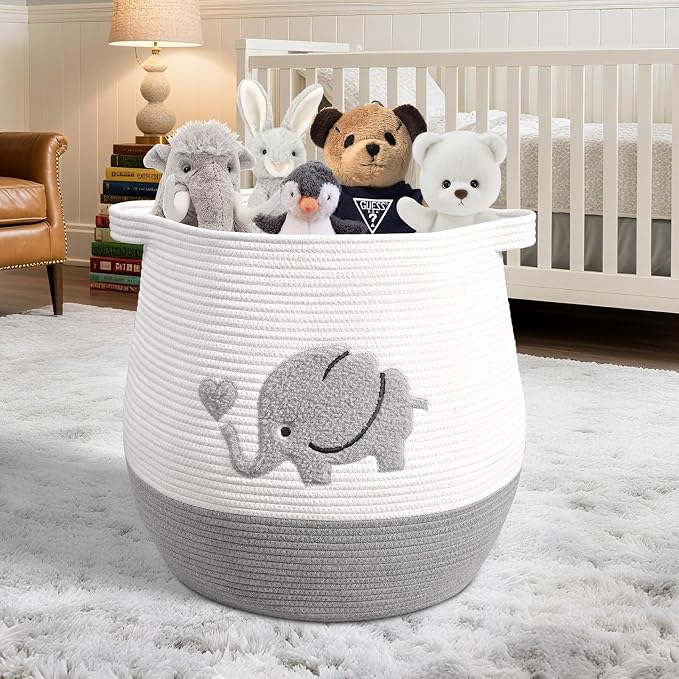 Large Baby Laundry Hamper, Gray Elephant Laundry Basket for Baby, Toy and Blanket Storage Basket for Nursery and Playroom, Cotton Rope Hamper for Kids, 17.7"x15.7"