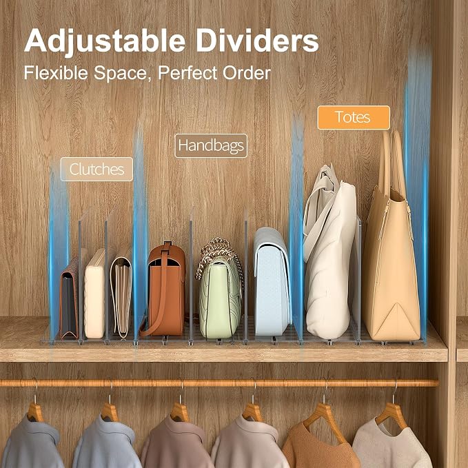 SortNStore Bag & Purse Organizer for Closet: Adjustable Clear Handbag Storage Shelf - Plastic Clutch Dividers for Closet Organizers and Storage - Keep Carteras & Pocketbook Upright