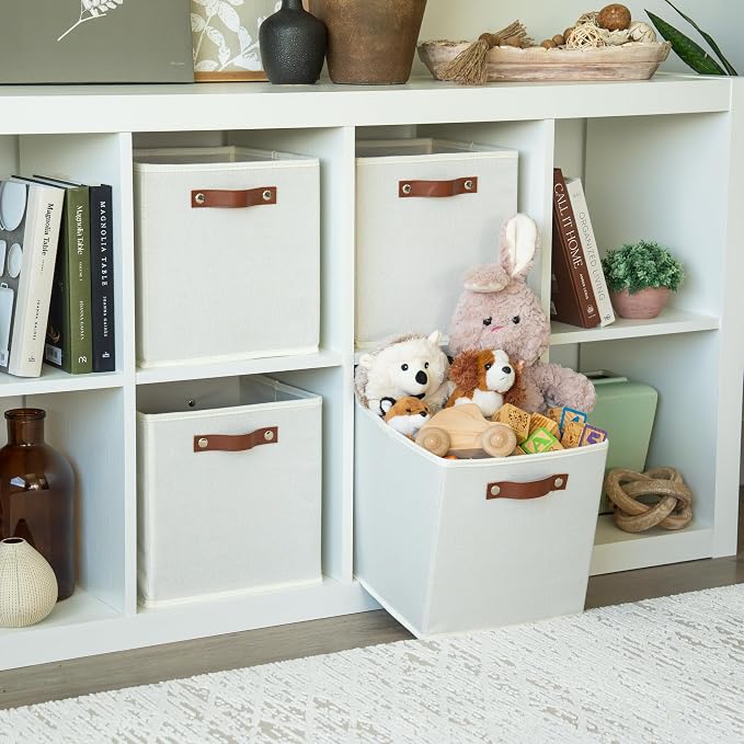 OrganiHaus 11x11 Cube Storage Bins, Set of 4 - Fabric Storage Cubes | Sturdy, holds its shape; odor-free; fits ClosetMaid 11-inch shelves; vegan leather handles