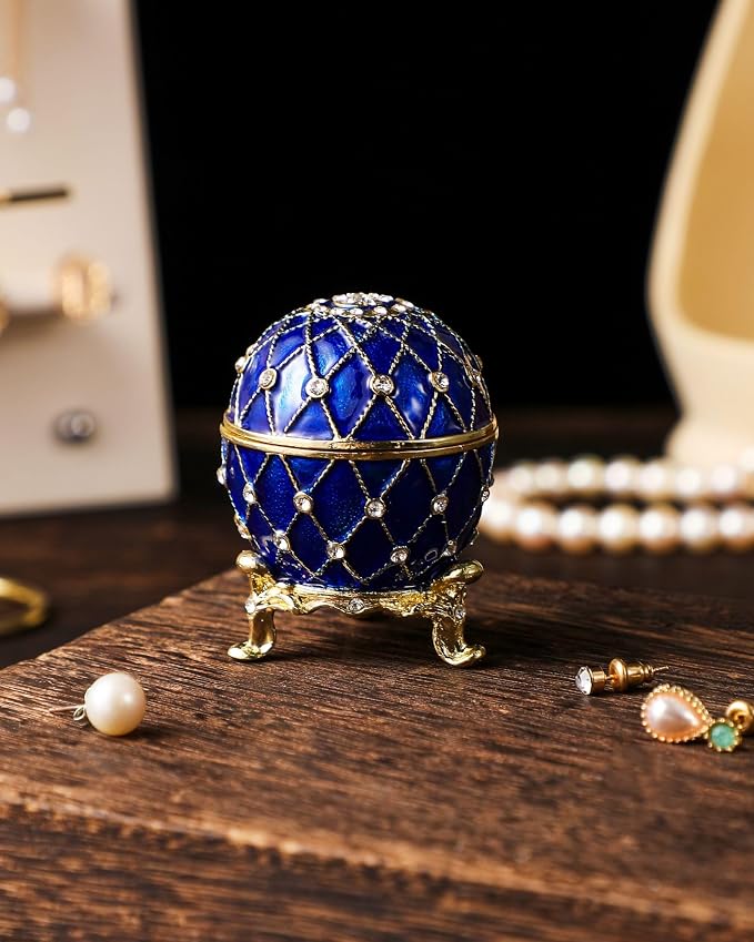 Hand Painted Trinket Box Enamel Faberge Egg Vintage Jewelry Box Easter Egg Hinged Metal Jewelry Organizer Decorative Treasure Box Unique Gifts