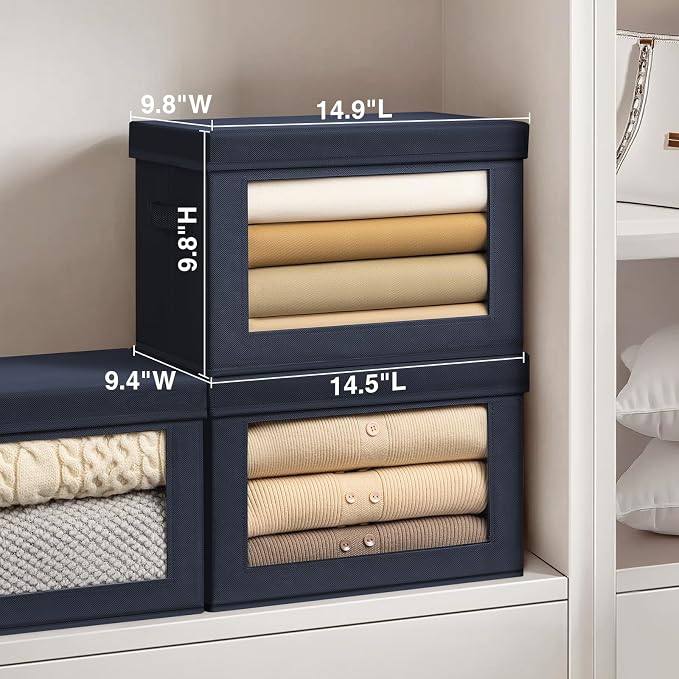Homsorout Minimalist 6 Pack Large Fabric Storage Bins with Lids, Navy Blue, 14 Inch. - 6 Count, Ideal for Clothes, Books, CD, Bedroom, Living Room