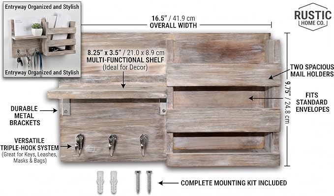 Rustic Wooden Wall-Mounted Key Hooks Holder & Mail Sorter | Farmhouse Decor | 3 Metal Hooks & Small Shelf | Natural Torched Wood | Easy Installation
