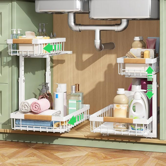 Kitstorack Under Sink Organizer, 2 Tier Under the Sink Storage, Slide out Pull out Cabinet Organizer Shelf, Metal Sliding Drawer for Kitchen Bathroom Pantry Closet Organization Rack, White, 1 Pack