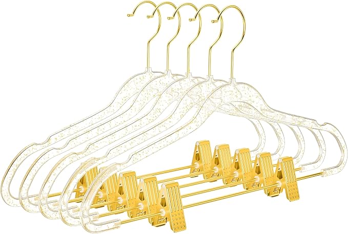 MIZGI Slim Gold Glitter Pants & Skirt Hangers (20 Pack) – Adjustable Gold Clips & Hooks, Transparent Non-Felt, Space-Saving for Dresses, Shirts, Blouses