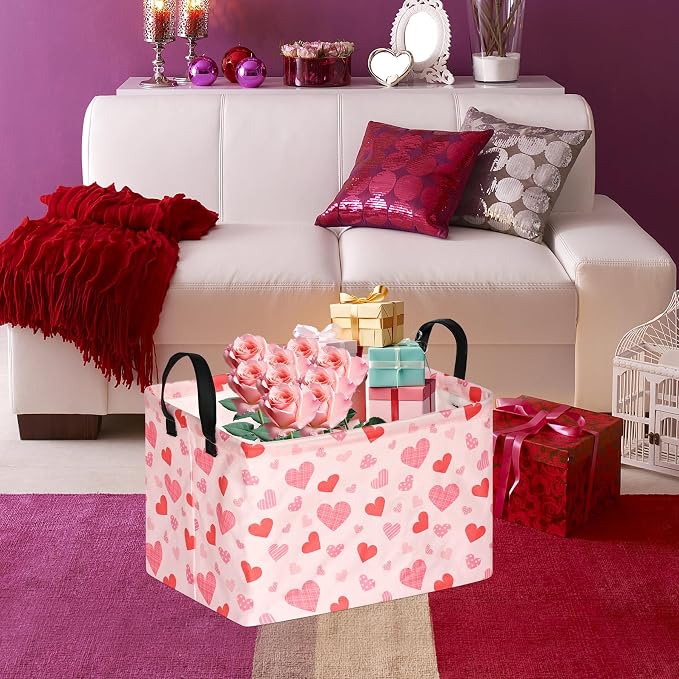 Rectangular Valentines Basket Storage Bin for Shelves Girls Gifts Baskets Foldable Box with Handles for Home Office Car Dormroom Valentine's Day Party Supplies