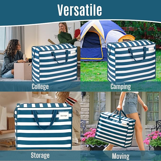 VENO 4 Pack Heavy Duty Moving Bags, Storage Bags, Packing Supplies, Top Zipper, Storage Totes for Camping, Clothes, Bedding, Comforters, Pillows (22 Gallon, Classic Navy Stripe, 4 Pack)