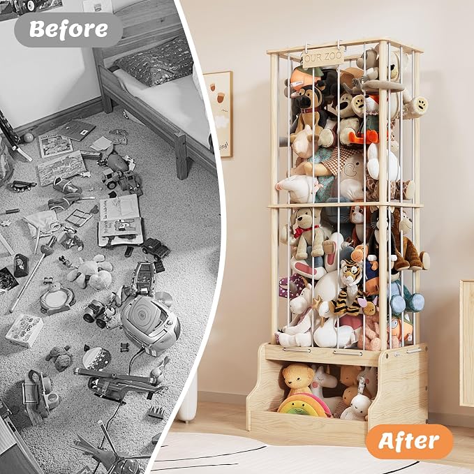 Stuffed Animal Storage Organizer,2-in-1 Solid Pine Wood Stuffed Animal Zoo with Toy Chest, Large Plush Toy Holder with Thick Elastic Bands,Stuffed Animal Holder for Playroom, Nursery, Bedroom