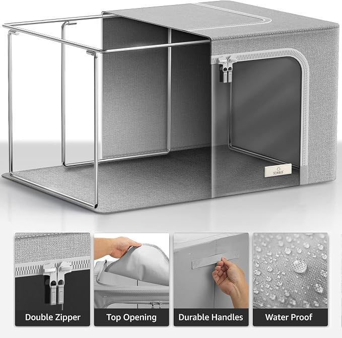 Sorbus Jumbo Storage Bins with Metal Frame - Oxford Fabric Storage Containers with Large Clear Window & Carry Handles - Stackable & Foldable Clothes Organizer Bags for Bedding Linen, Clotheing & More