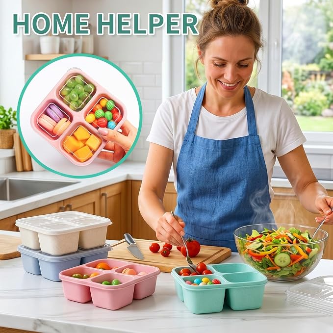 buluker 4 Pack Bento Snack Containers Set， 4 Compartment Food Storage Containers ，Wheat Straw Meal Prep Lunch Box ，Plastic Food Storage container, Microwave and Dishwasher Safe (4colour)