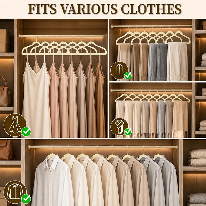 Velvet Hangers 50 Pack, Non Slip Clothes Hangers with Shoulder Notches, Slim Felt Hanger with 360° Swivel Hook, Space-Saving, Heavy Duty, for Coat, Shirt, Pants, Dress, Suits, Ivory