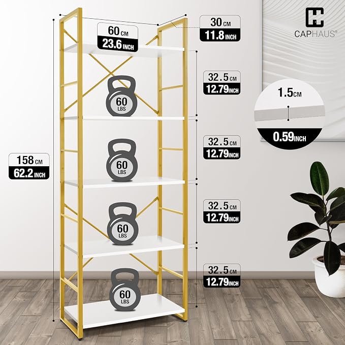 CAPHAUS 5 Tier Bookshelf, 24 Inch Width Free Standing Shelf, Bookcase Shelf Storage Organizer, Industrial Book Shelves for Home Office, Living Room, Kitchen, White Wooden Shelves & Gold Frame