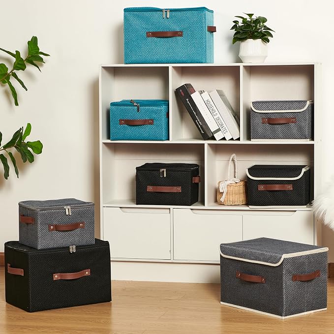 Storage Bins with Lid Fabric Storage Box Basket PU Leather Handle Textured Woven Cotton Linen Decorative Foldable Washable Shelf Closet Organizer Container (Zipper Lid, Black, Large)