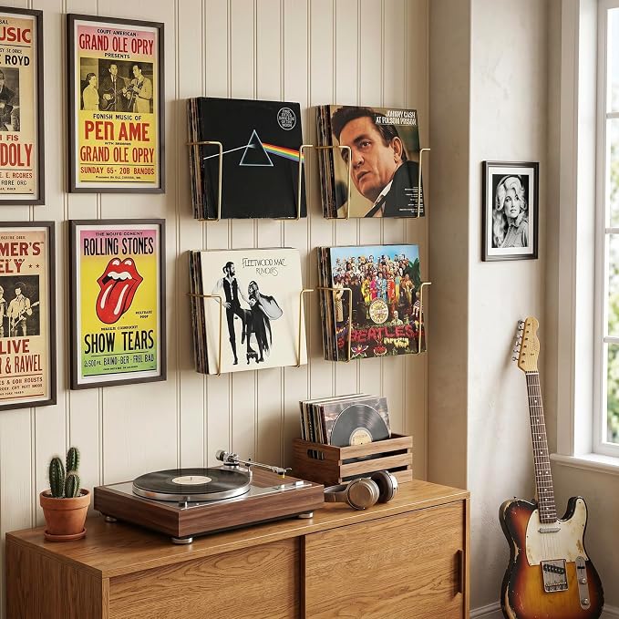 MyGift Modern Metal Wire Wall Mounted Vinyl Records Storage Racks, Hanging LP Record Holders, Floating Album Cover Display Shelves, Set of 2 (Brass- 4 Pcs)