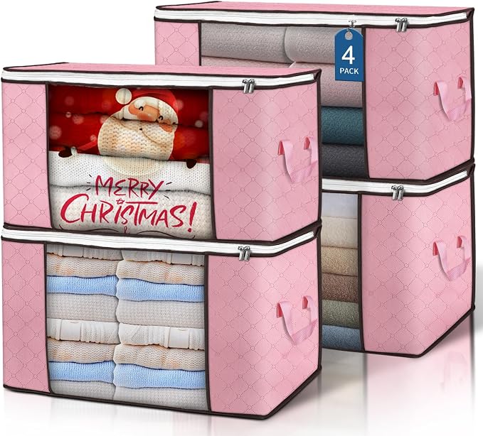 90L Large Storage Bags, 4 Pack Clothes Storage Bins Closet Organizers | Foldable Storage Containers, with Reinforced Handle, for Clothing, Blanket, Comforters, Bed Sheets, Pillows and Toys,Pink