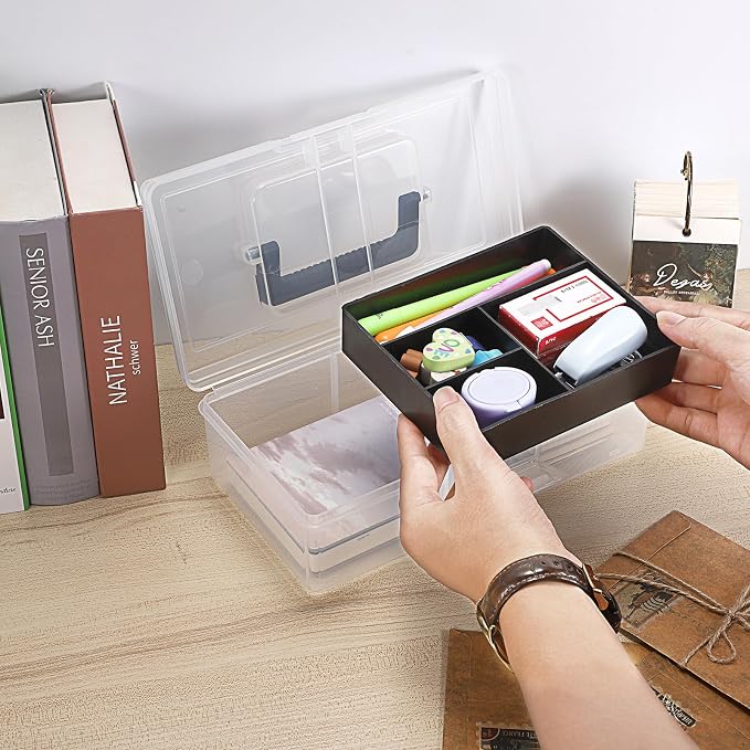 JUXYES Clear Art Craft Supply Storage Bin Sewing Box With Handle Lid | Clear Stackable Latching Craft Storage Bin for School Office, Organizing Stationery, Sewing, Art Craft, DIY Supplies