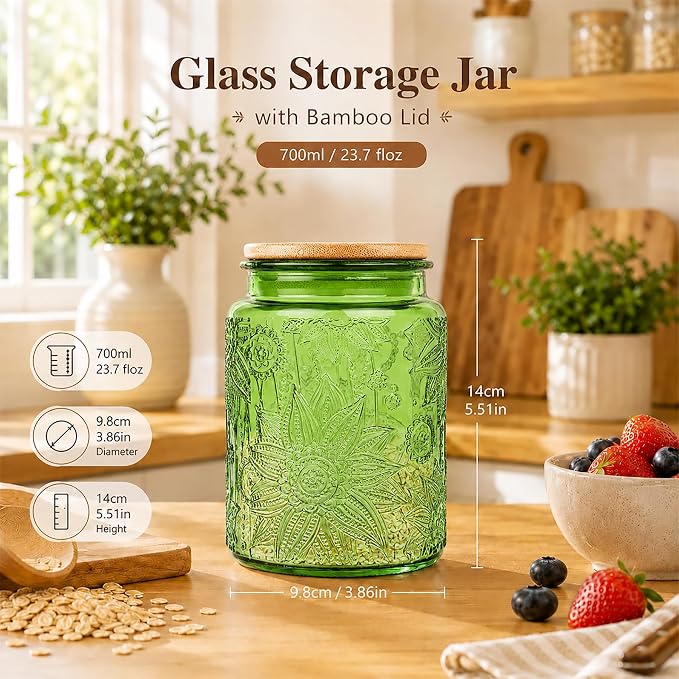 Custde Glass Storage Jars With Airtight Lid, 23.7oz Canister For Kitchen Counter with Bamboo Lid, brown sugar, candy, coffee, cookie, salt, tea,pantry cute Jar (Green, 23.7 fl oz)