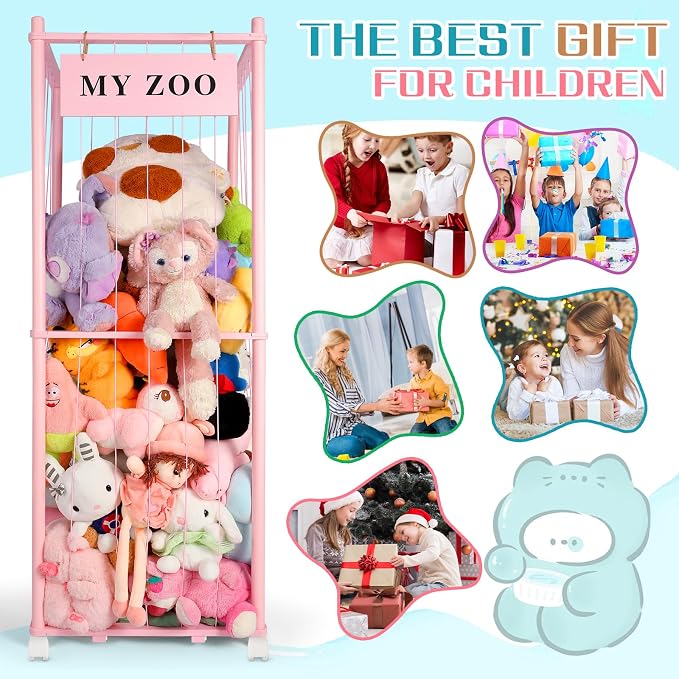 GLDZI Stuffed Animal Storage Zoo with Wheels, Wooden Stuffed Animal Organizer with Elastic Cords, Space Saving Toy Plushies Storage Holder for Playroom, Bedroom, Living Room(Pink, Large)