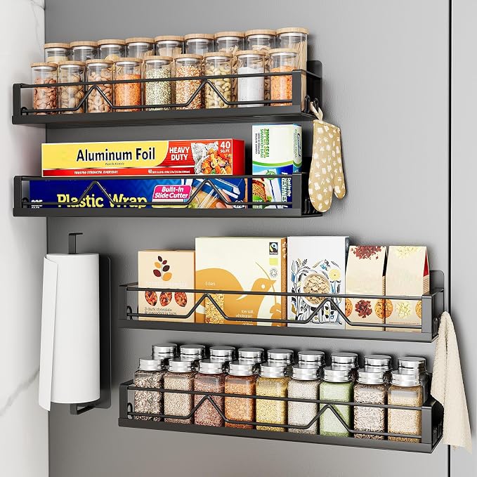 Mystozer 16.9 Inch Wide Large Capacity Magnetic Spice Rack for Refrigerator,5 Pack Metal Fridge Shelf Magnetic Spice Rack Kitchen Storage Refrigerator Organizers and Storage Spice Shelf (Black)