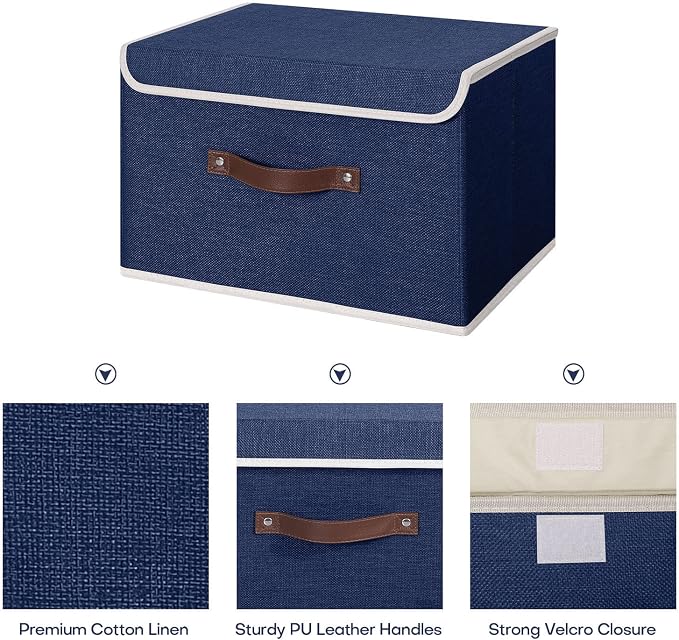 ANMINY 2PCS Storage Bin with Lid Storage Boxes with PU Leather Handles PP Plastic Board Decorative Foldable Lidded Cotton Linen Fabric Home Cubes Baskets Closet Organizer Container - Blue, Medium