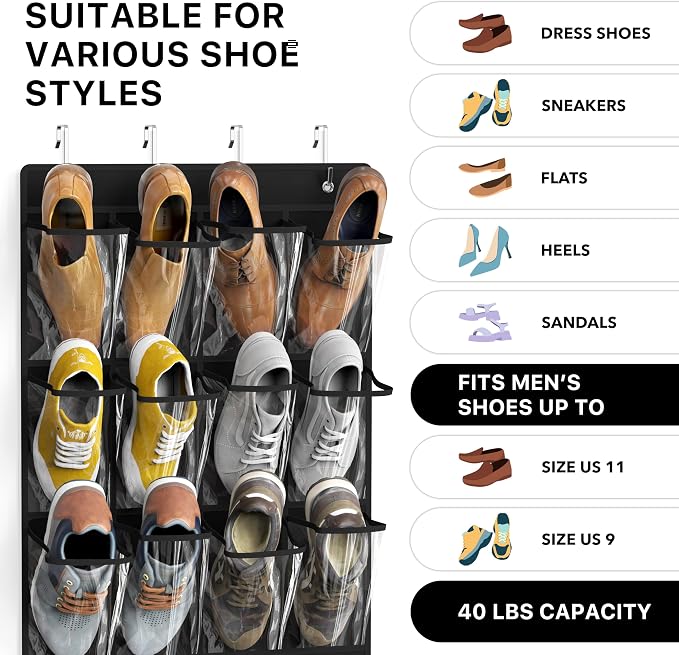 Simple Houseware 24 Pockets Large Clear Pockets Over The Door Hanging Shoe Organizer, Black (56" x 22.5")