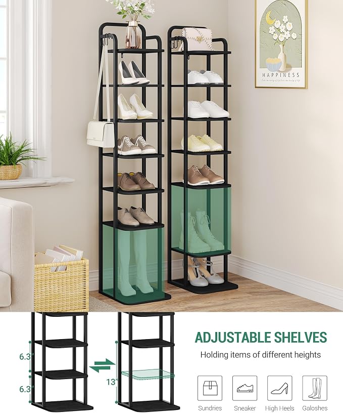Hzuaneri 8 Tiers Vertical Shoe Rack, Narrow Shoe Tower, Tall Shoes Shelf with 2 Hooks, Adjustable Shelves, Corner Shoes Shelves for Small Spaces, Entryway, Living Room, Black SR04304B